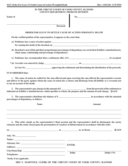Form CCP0354 Order for Leave to Settle Cause of Action - Wrongful Death - Cook County, Illinois