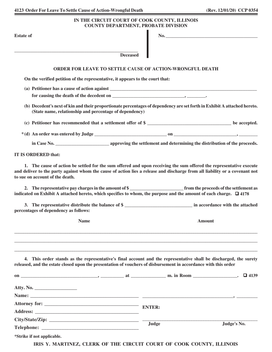 Form CCP0354 Order for Leave to Settle Cause of Action - Wrongful Death - Cook County, Illinois, Page 1