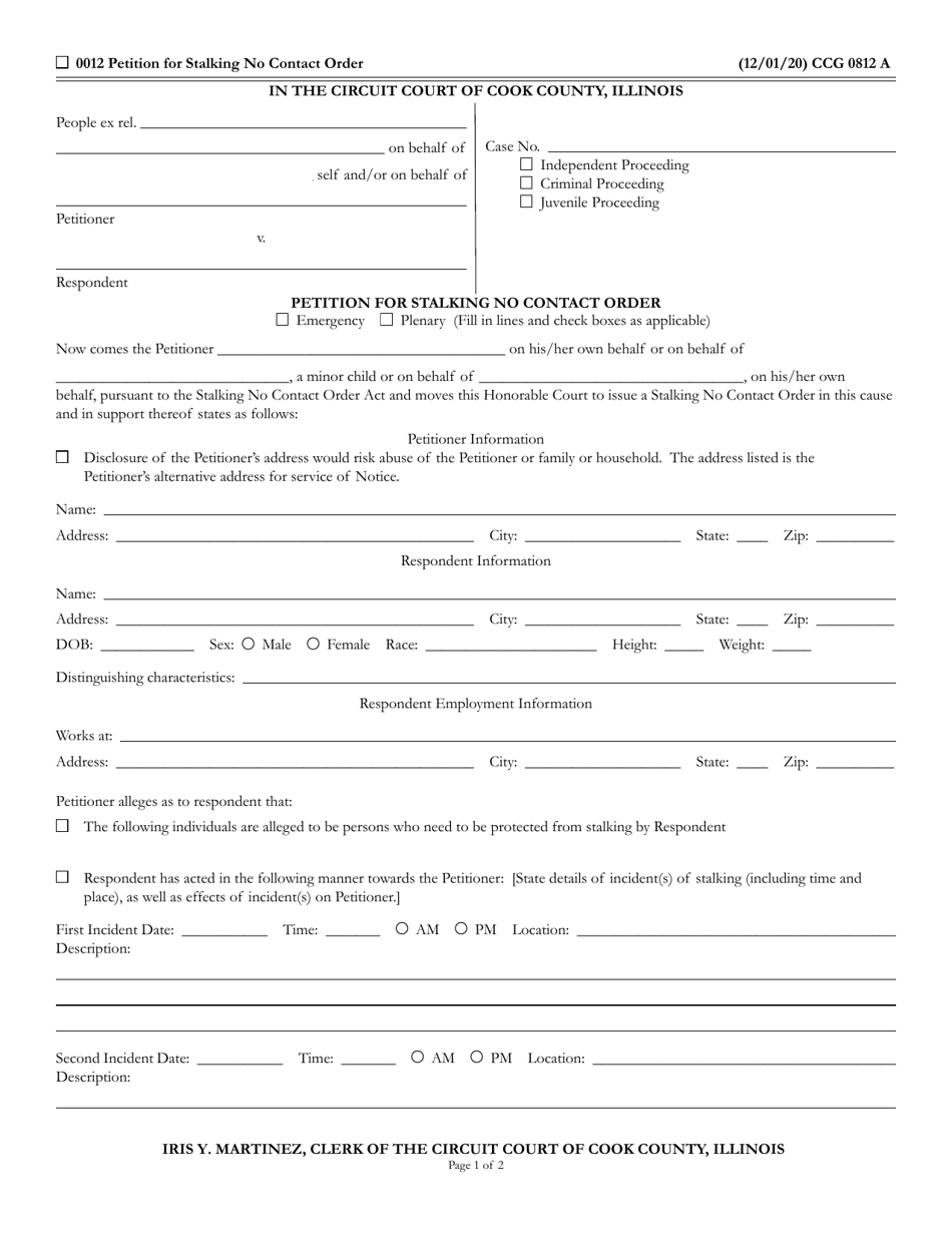 Form CCG0812 Petition for Stalking No Contact Order - Cook County, Illinois, Page 1