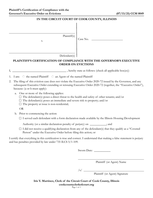 Form CCM0049 Plaintiff's Certification of Compliance With the Governor's Executive Order on Evictions - Cook County, Illinois