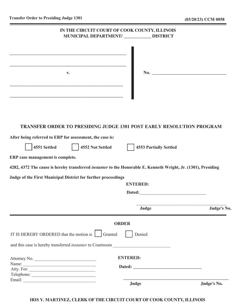 Form CCM0058 Transfer Order to Presiding Judge 1301 Post Early Resolution Program - Cook County, Illinois, Page 1