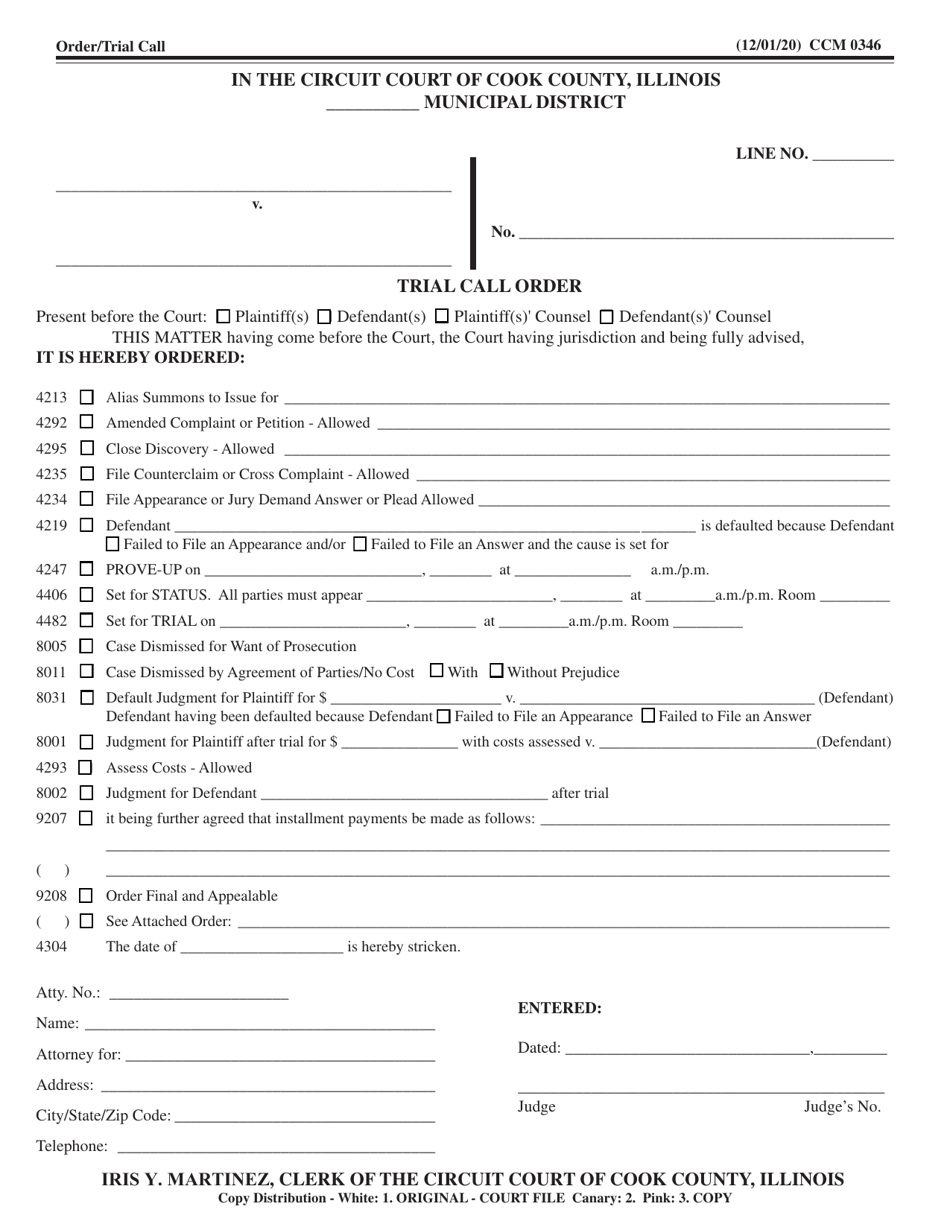 Form CCM0346 Trial Call Order - Cook County, Illinois, Page 1