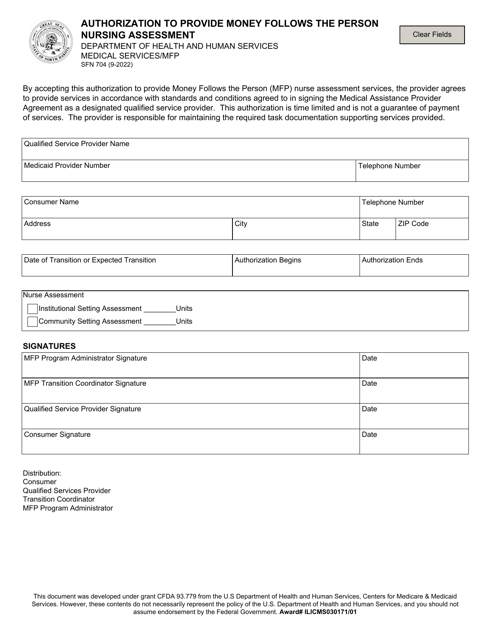 Form SFN704 Authorization to Provide Money Follows the Person Nursing Assessment - North Dakota