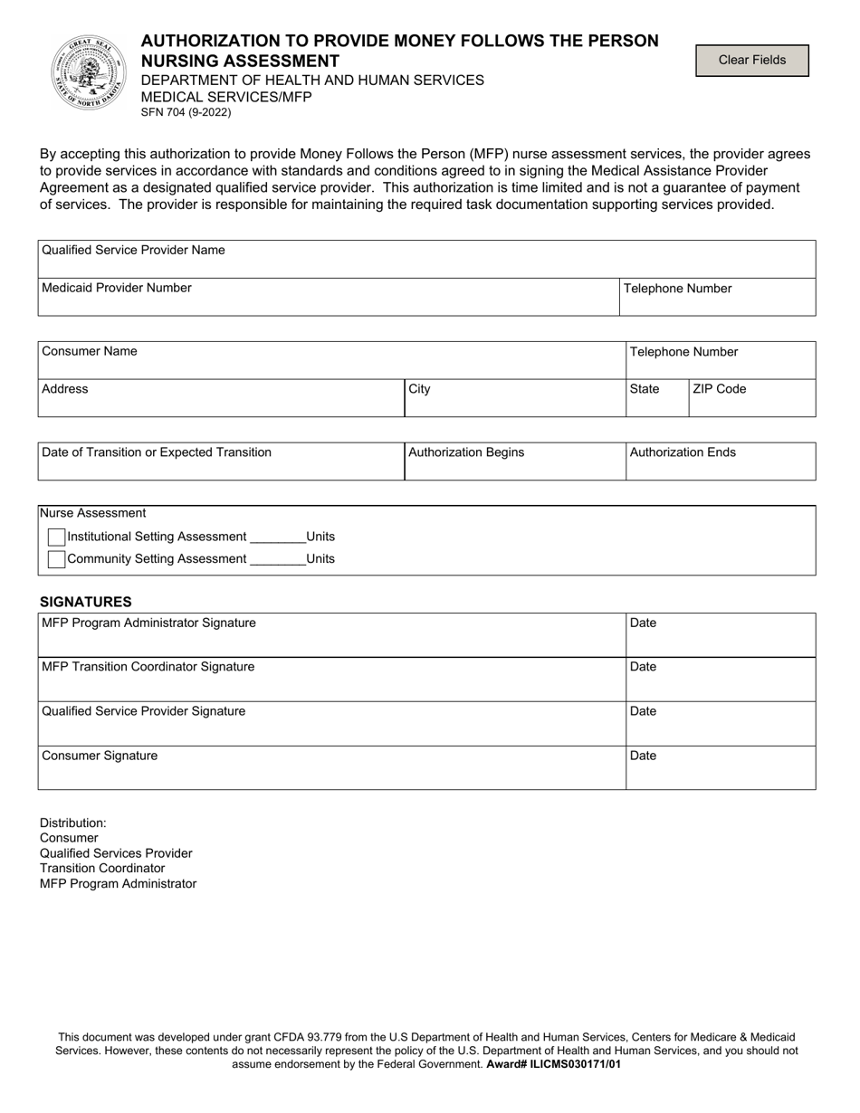 Form SFN704 Authorization to Provide Money Follows the Person Nursing Assessment - North Dakota, Page 1