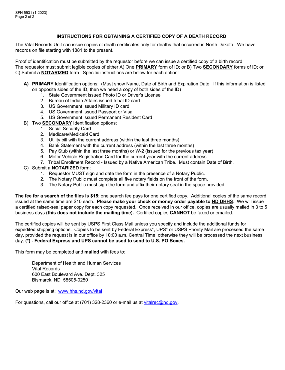Form SFN5531 Request for Certified Copy of a Death Record - North Dakota, Page 2