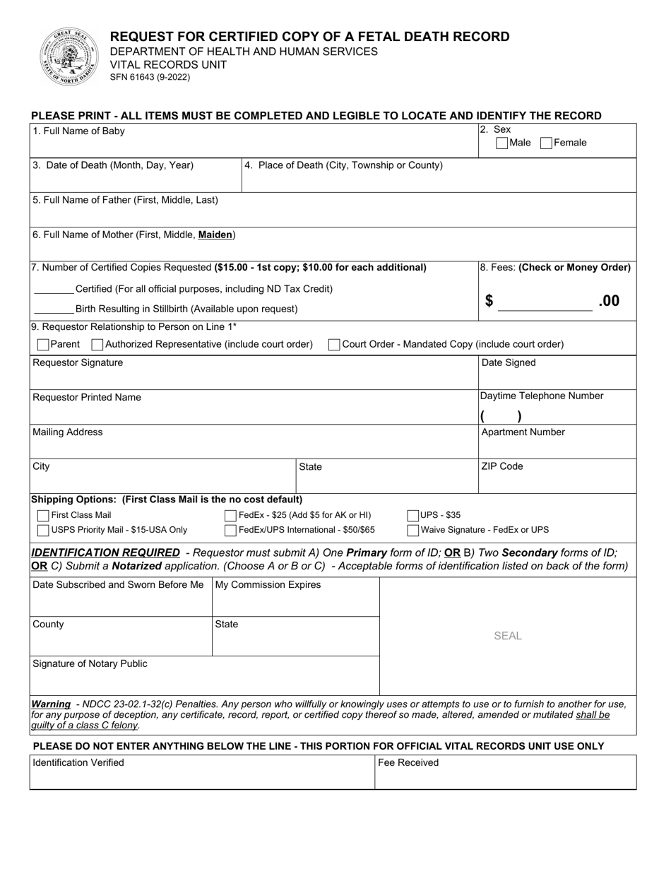 Form SFN61643 Request for Certified Copy of a Fetal Death Record - North Dakota, Page 1