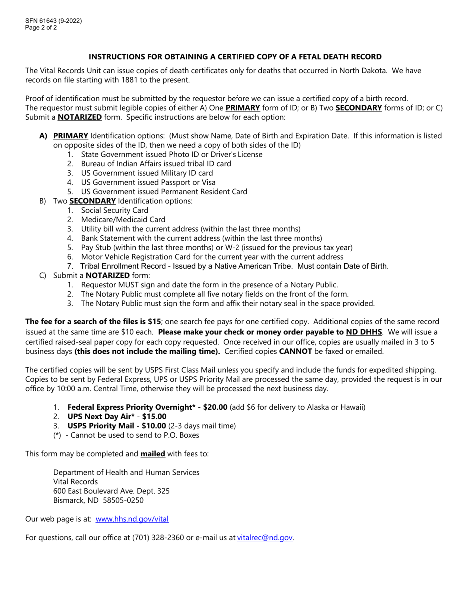 Form SFN61643 Request for Certified Copy of a Fetal Death Record - North Dakota, Page 2