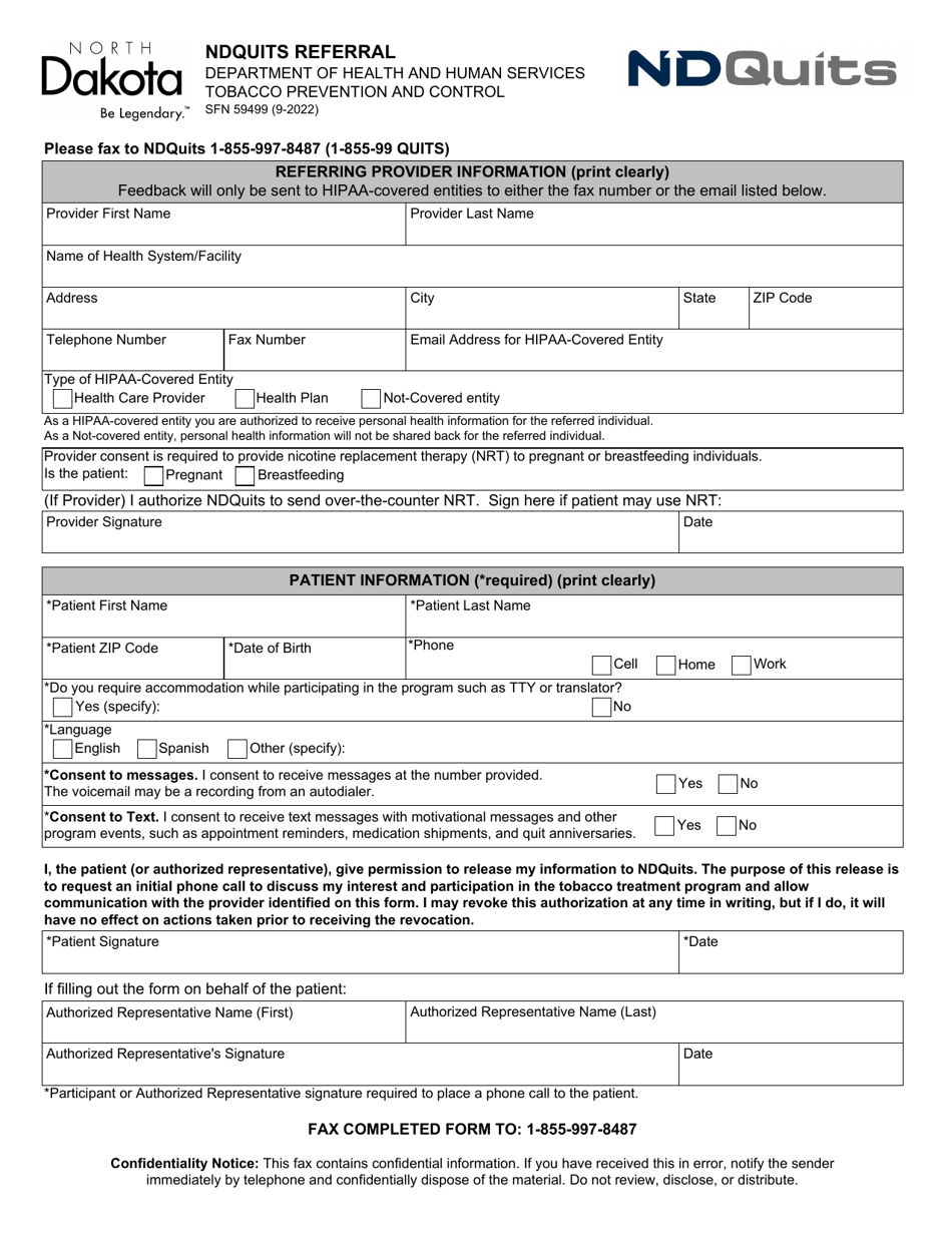 Form SFN59499 Download Fillable PDF or Fill Online Ndquits Referral