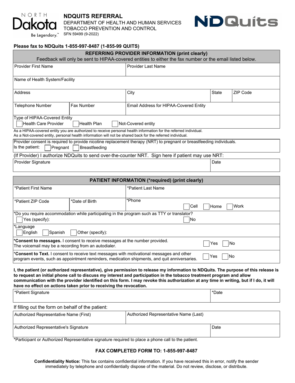 Form SFN59499 Ndquits Referral - North Dakota, Page 1
