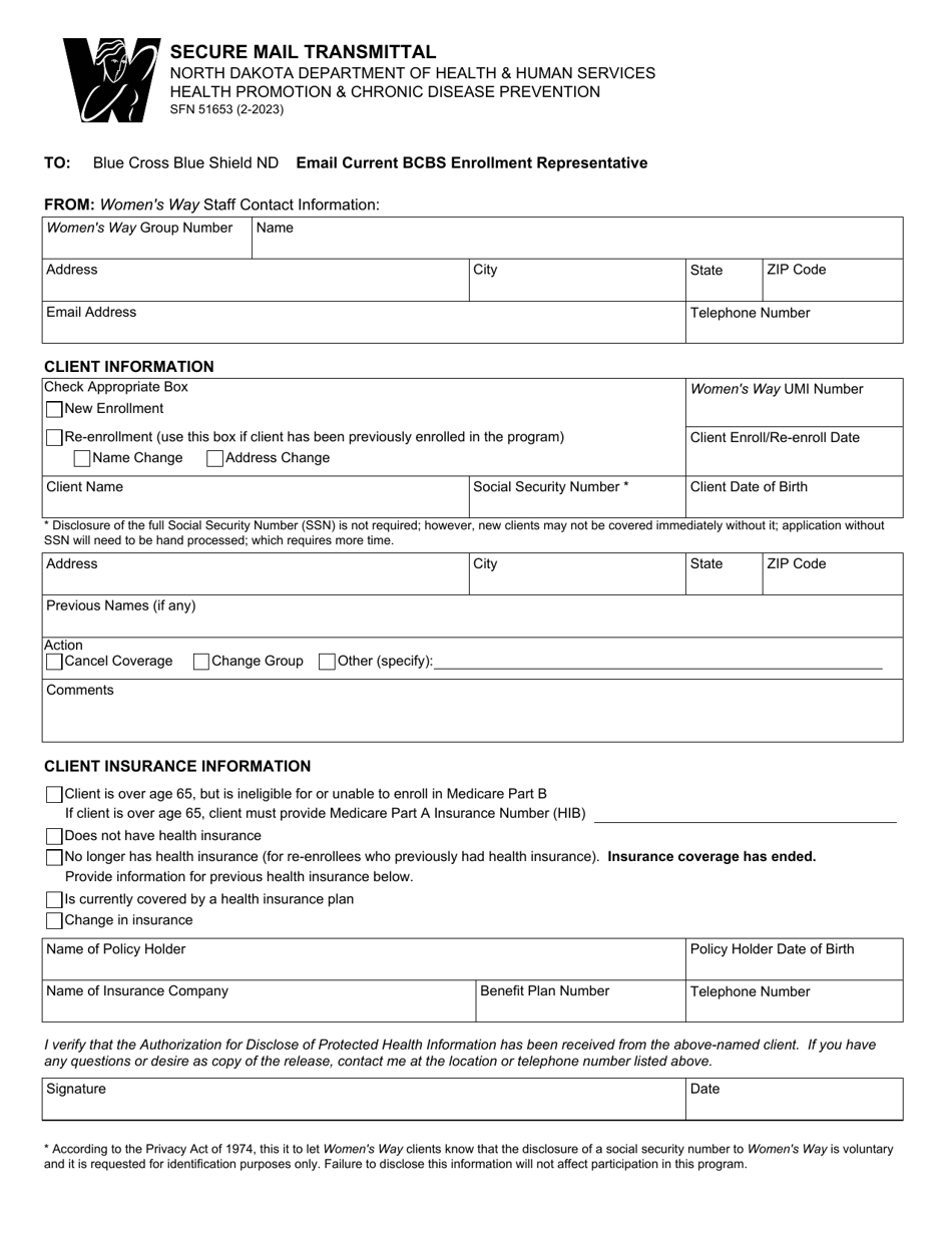 Form SFN51653 Secure Mail Transmittal - North Dakota, Page 1