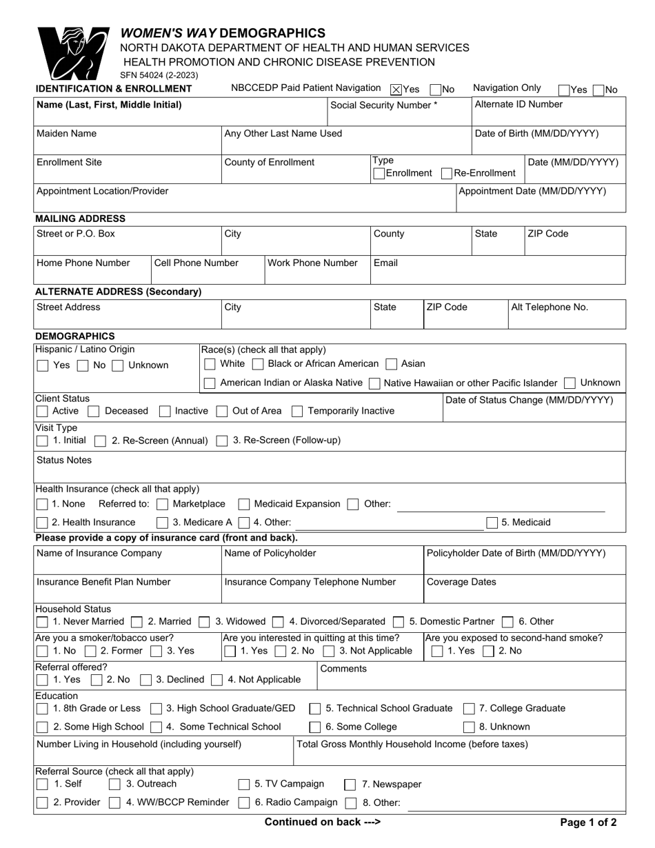 Form SFN54024 Womens Way Demographics - North Dakota, Page 1