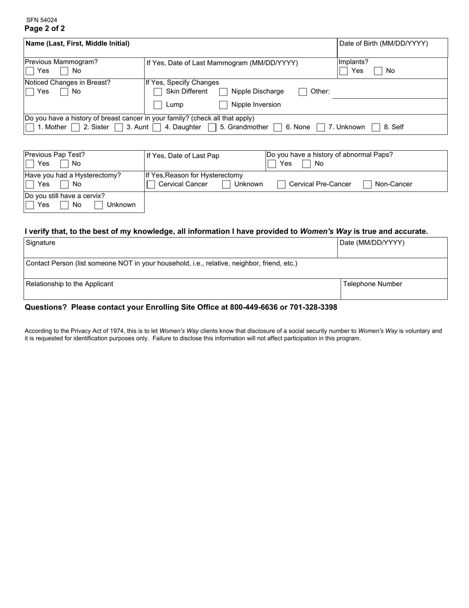 Form SFN54024 Womens Way Demographics - North Dakota, Page 2