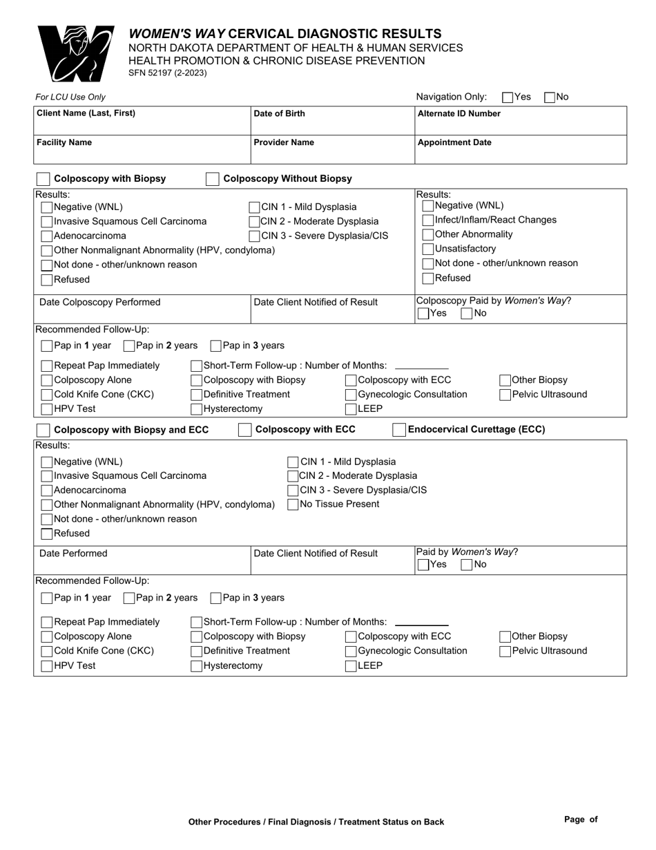 Form SFN52197 Womens Way Cervical Diagnostic Results - North Dakota, Page 1