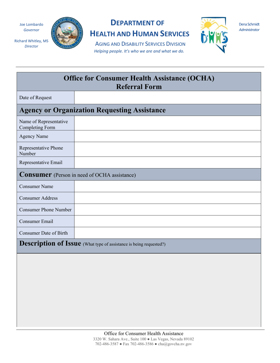 Nevada Office for Consumer Health Assistance (Ocha) Referral Form