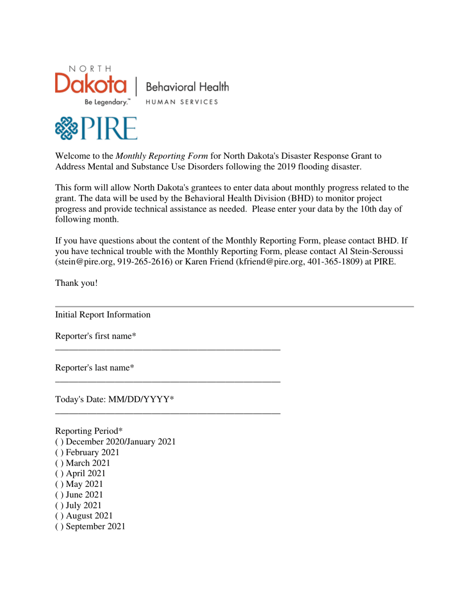 Monthly Reporting Form for North Dakotas Disaster Response Grant - North Dakota, Page 1