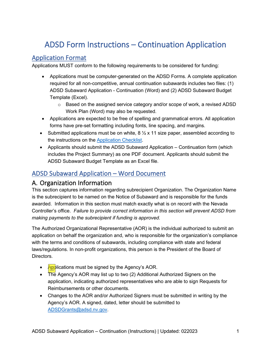Instructions for Subaward Application - Continuation - Nevada, Page 1