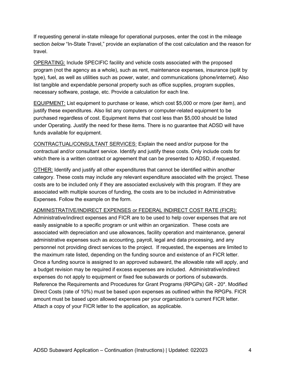 Instructions for Subaward Application - Continuation - Nevada, Page 4