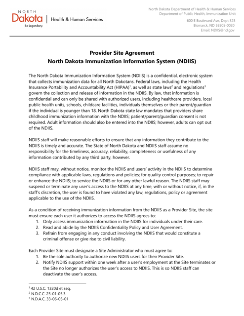 Provider Site Agreement - North Dakota Immunization Information System (Ndiis) - North Dakota Download Pdf