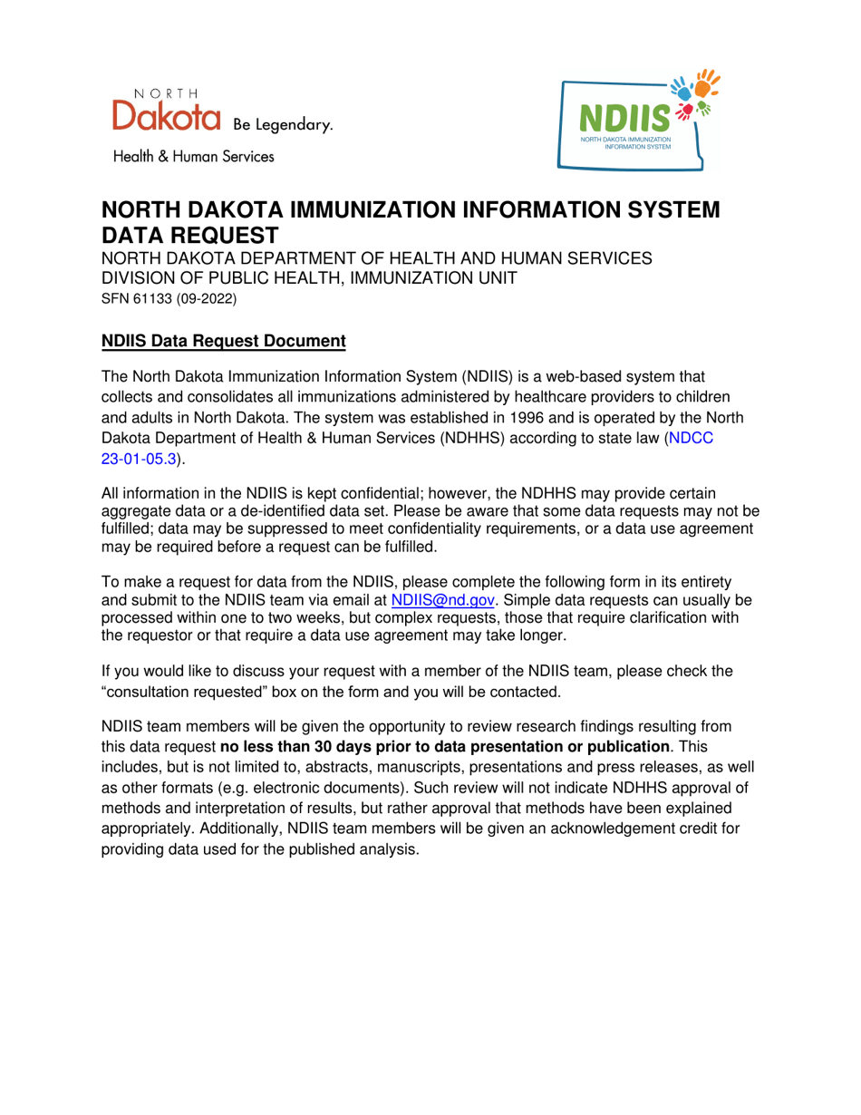 Form SFN61133 North Dakota Immunization Information System Data Request - North Dakota, Page 1