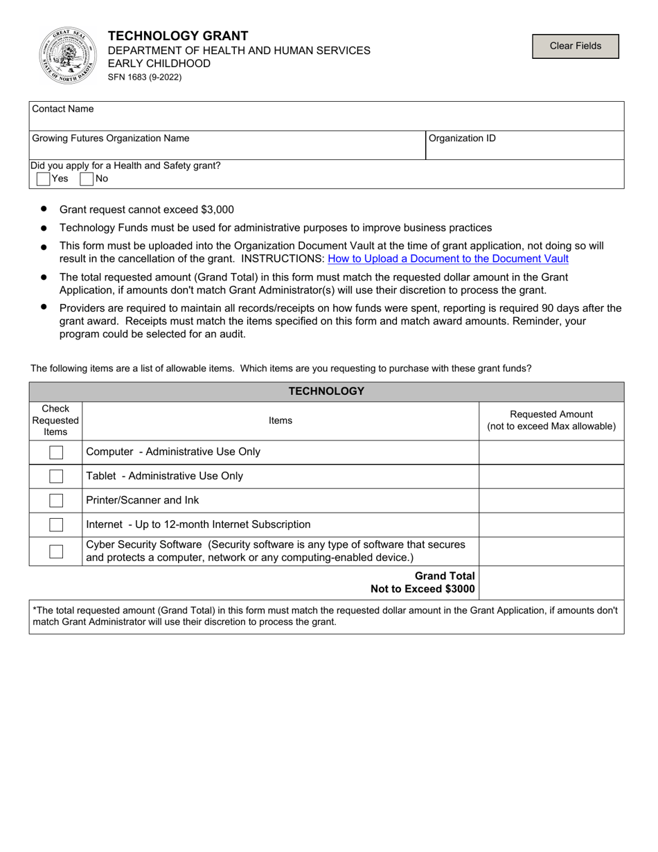 Form SFN1683 Technology Grant - North Dakota, Page 1