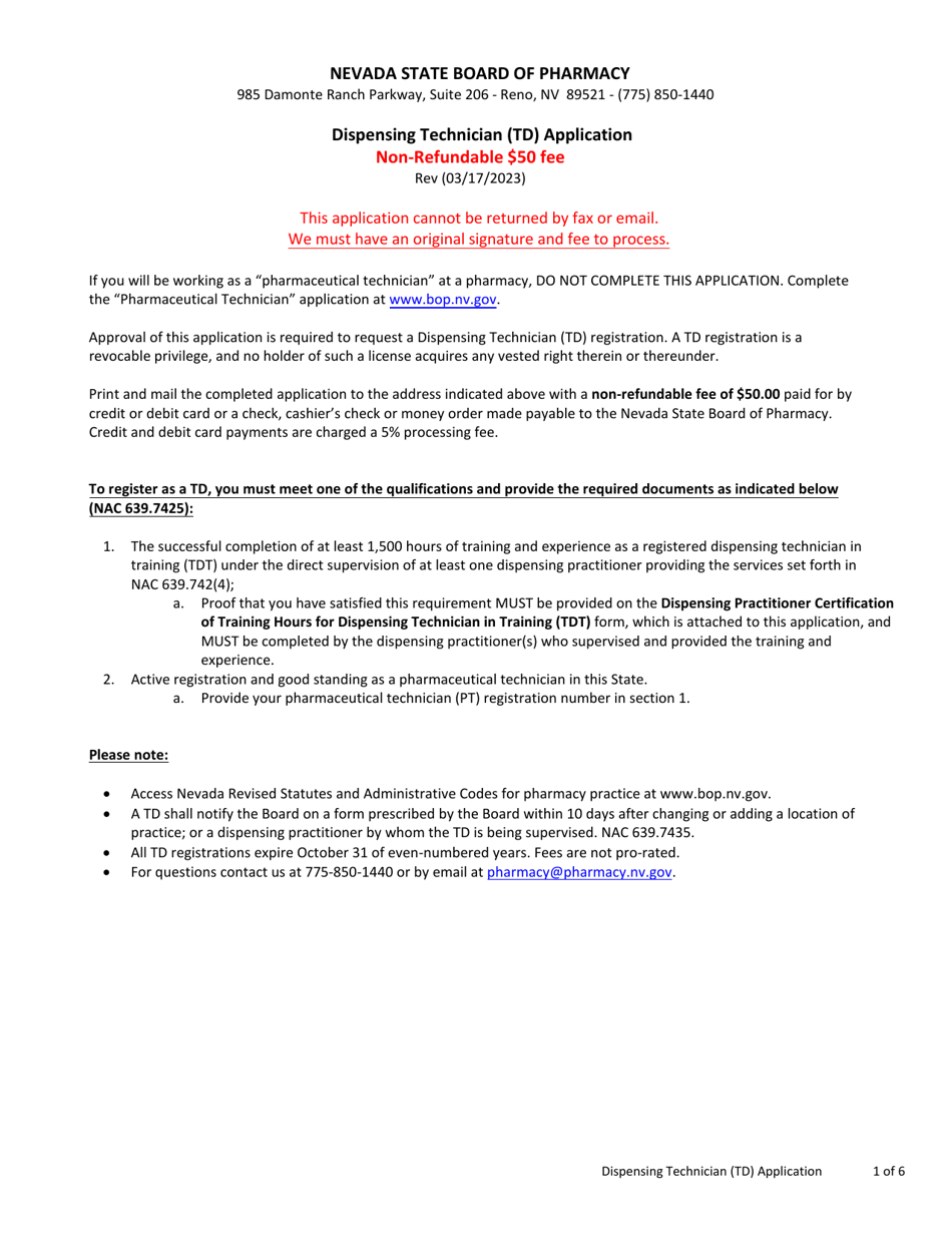Dispensing Technician (Td) Application - Nevada, Page 1