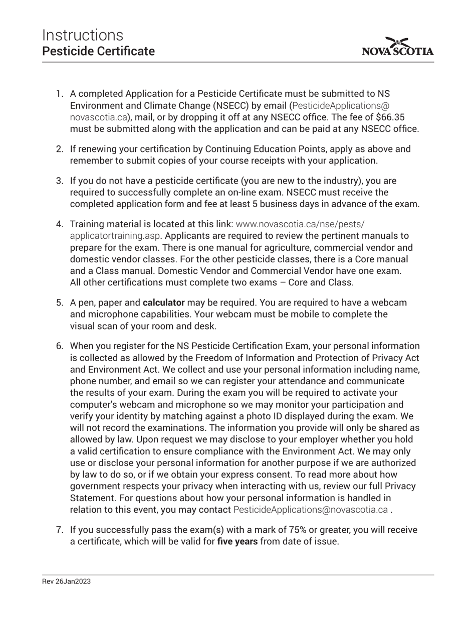 Nova Scotia Canada Pesticide Certificate Application Download Fillable