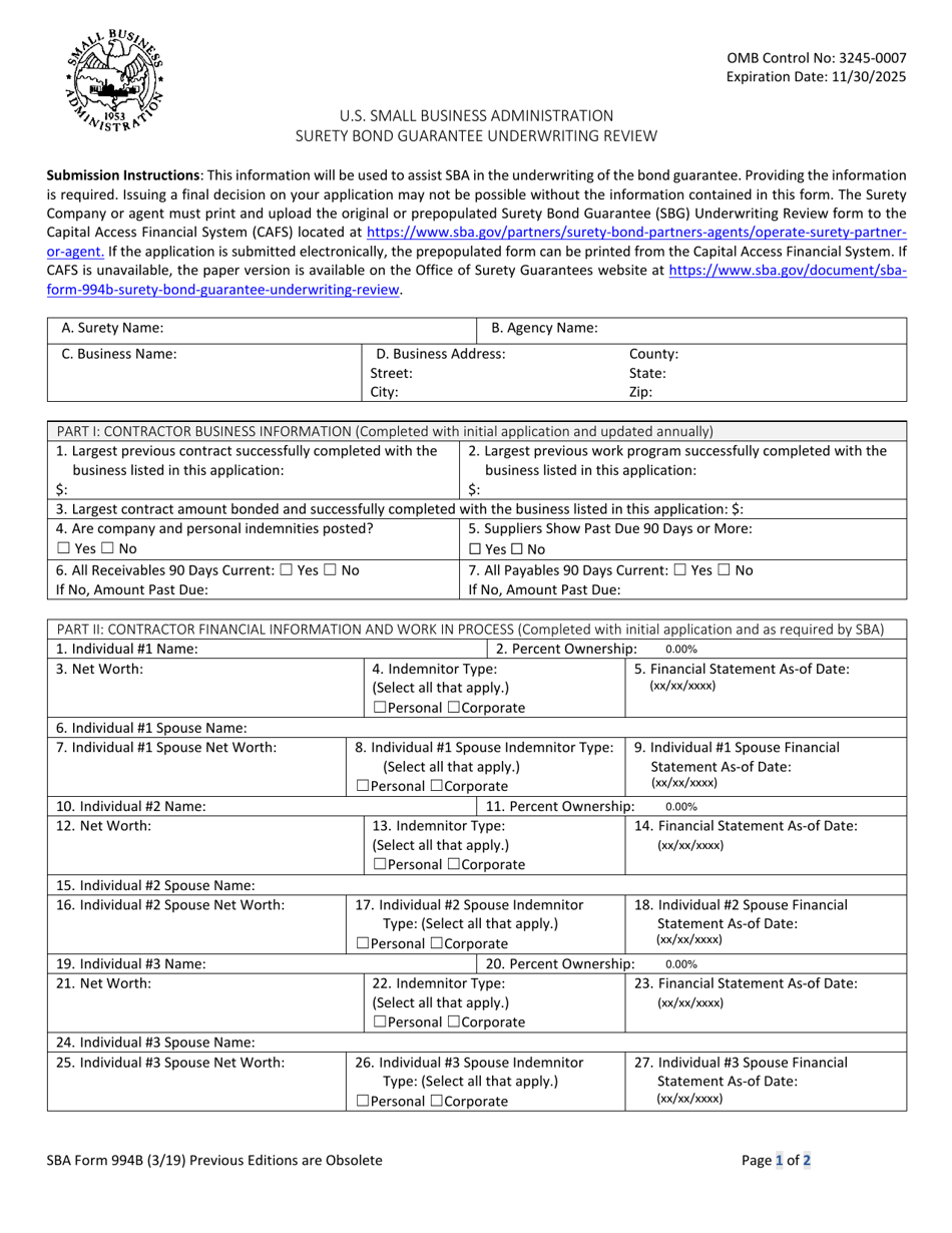 SBA Form 994B Download Fillable PDF Or Fill Online Surety Bond ...