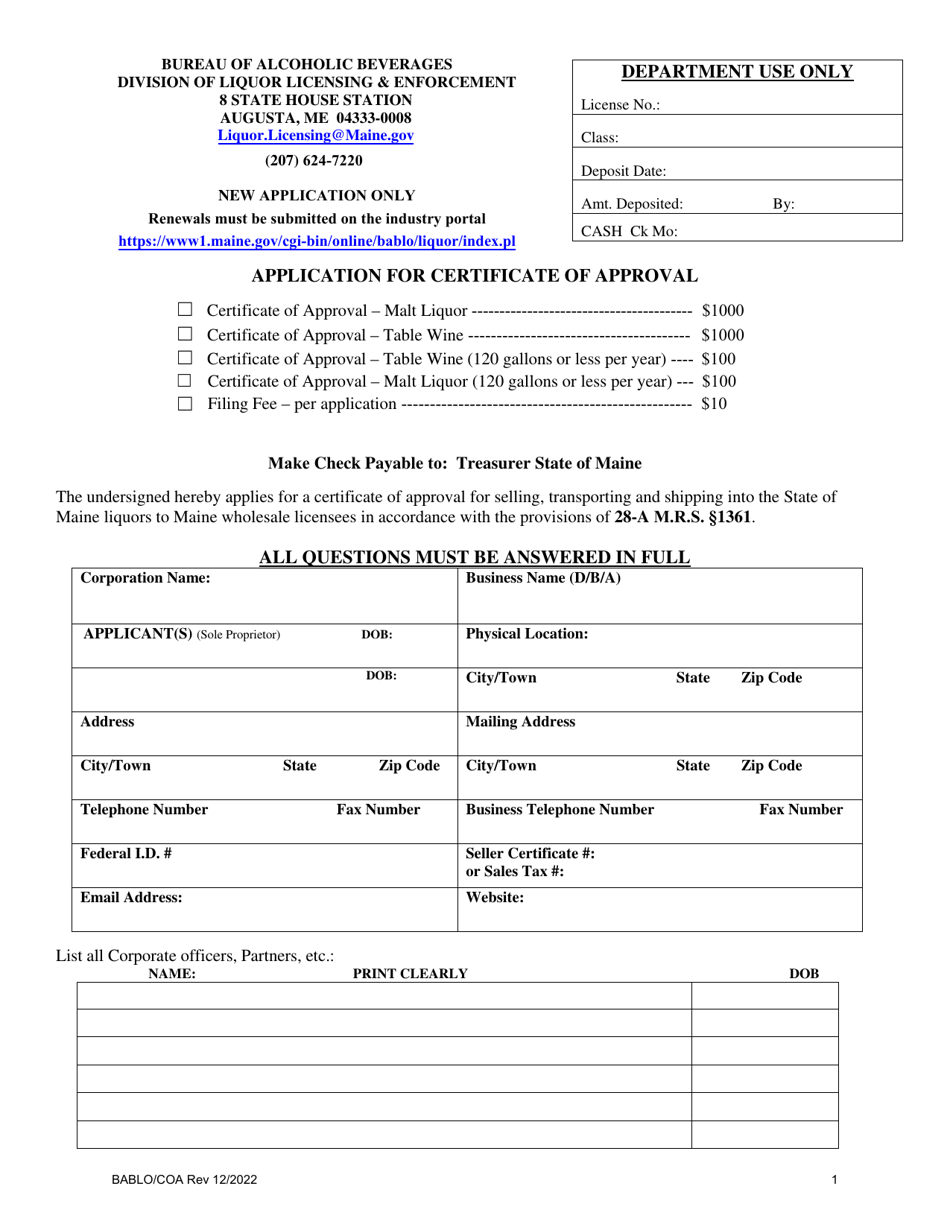 Form BABLO / COA Application for Certificate of Approval - Maine, Page 1