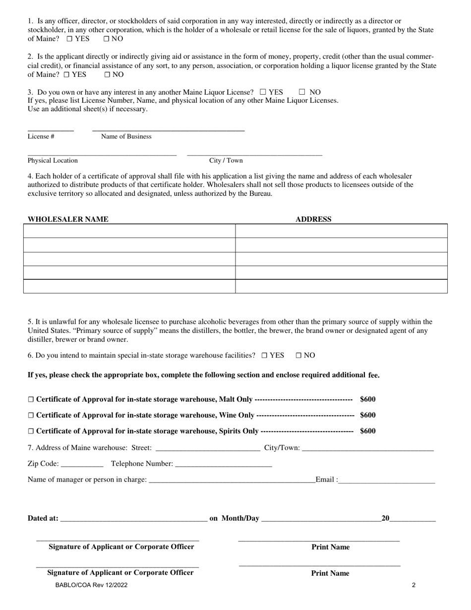 Form BABLO/COA - Fill Out, Sign Online and Download Fillable PDF, Maine ...