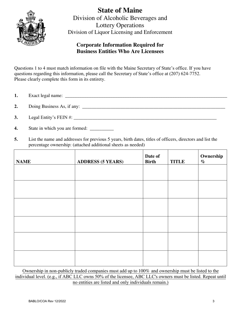 Form BABLO / COA Application for Certificate of Approval - Maine, Page 3