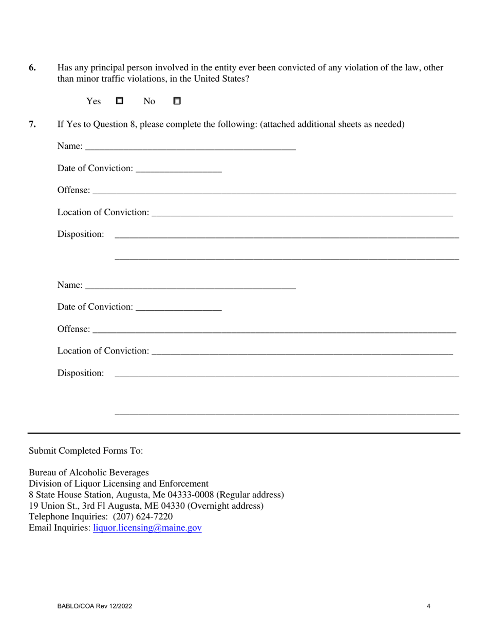 Form BABLO / COA Application for Certificate of Approval - Maine, Page 4