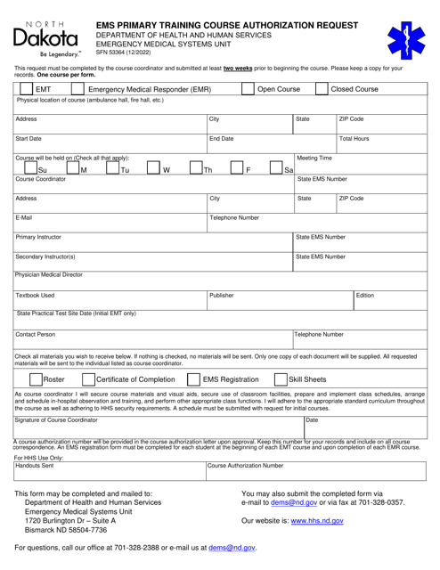 Form SFN53364 EMS Primary Training Course Authorization Request - North Dakota