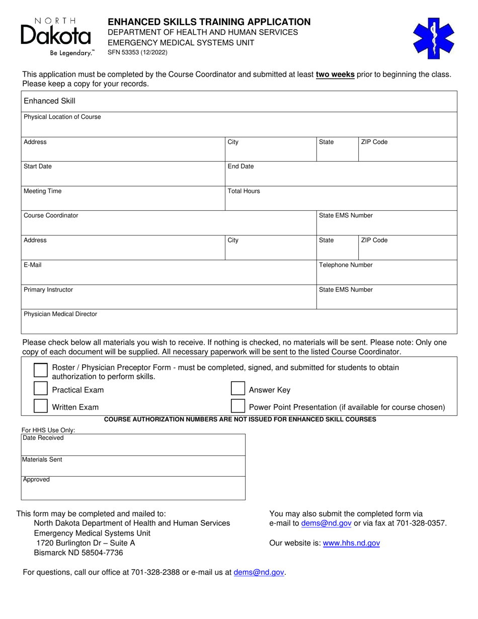 Form SFN53353 Enhanced Skills Training Application - North Dakota, Page 1