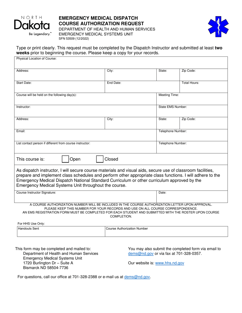 Form SFN53509 Emergency Medical Dispatch Course Authorization Request - North Dakota, Page 1