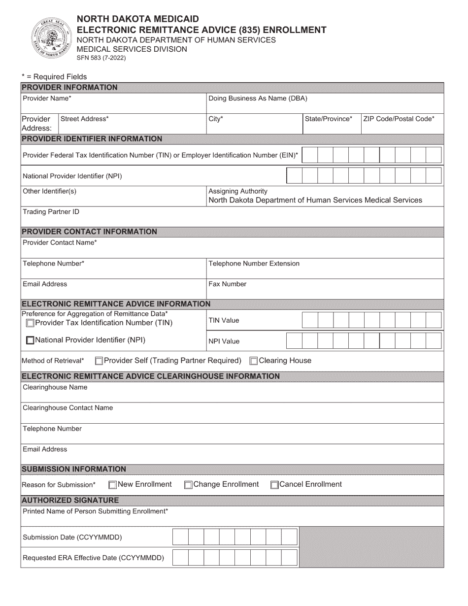 Form SFN583 North Dakota Medicaid Electronic Remittance Advice (835) Enrollment - North Dakota, Page 1