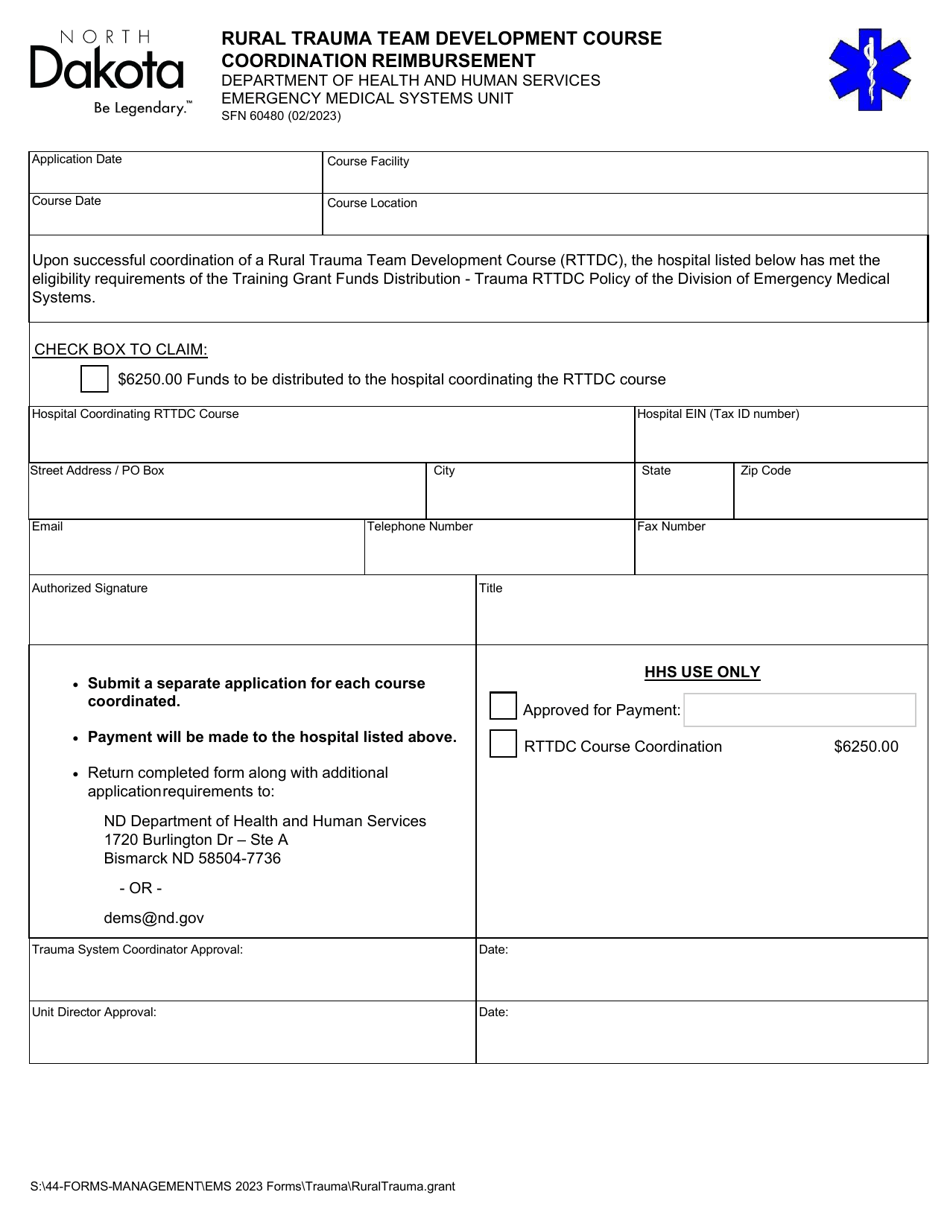 Form SFN60480 Rural Trauma Team Development Course Coordination Reimbursement - North Dakota, Page 1