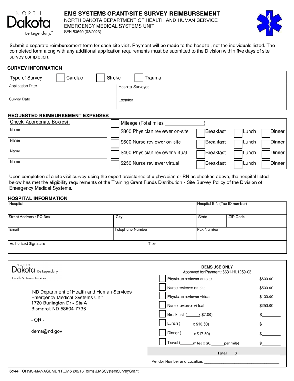 Form SFN53690 EMS Systems Grant / Site Survey Reimbursement - North Dakota, Page 1