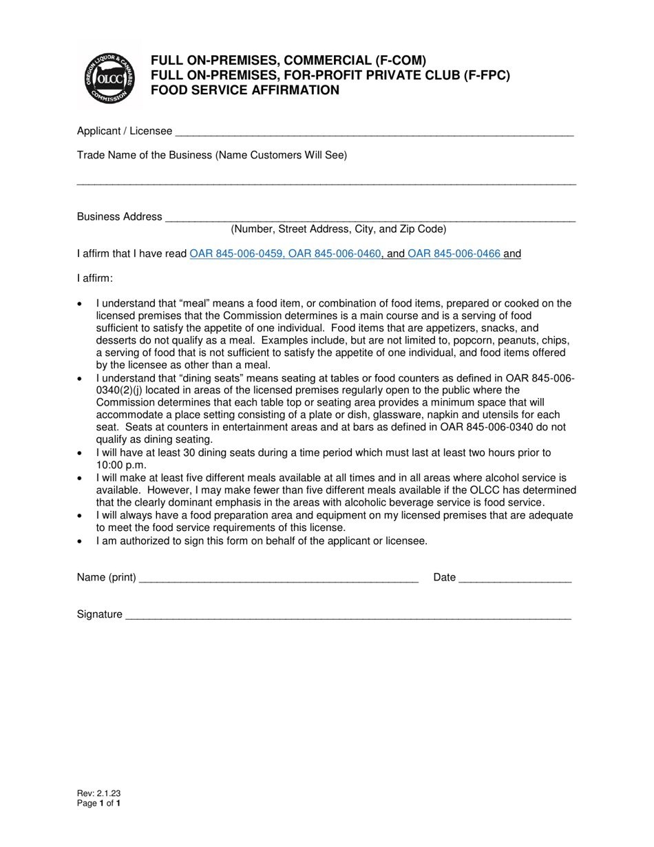 Full on-Premises, Commercial (F-Com) Full on-Premises, for-Profit Private Club (F-Fpc) Food Service Affirmation - Oregon, Page 1