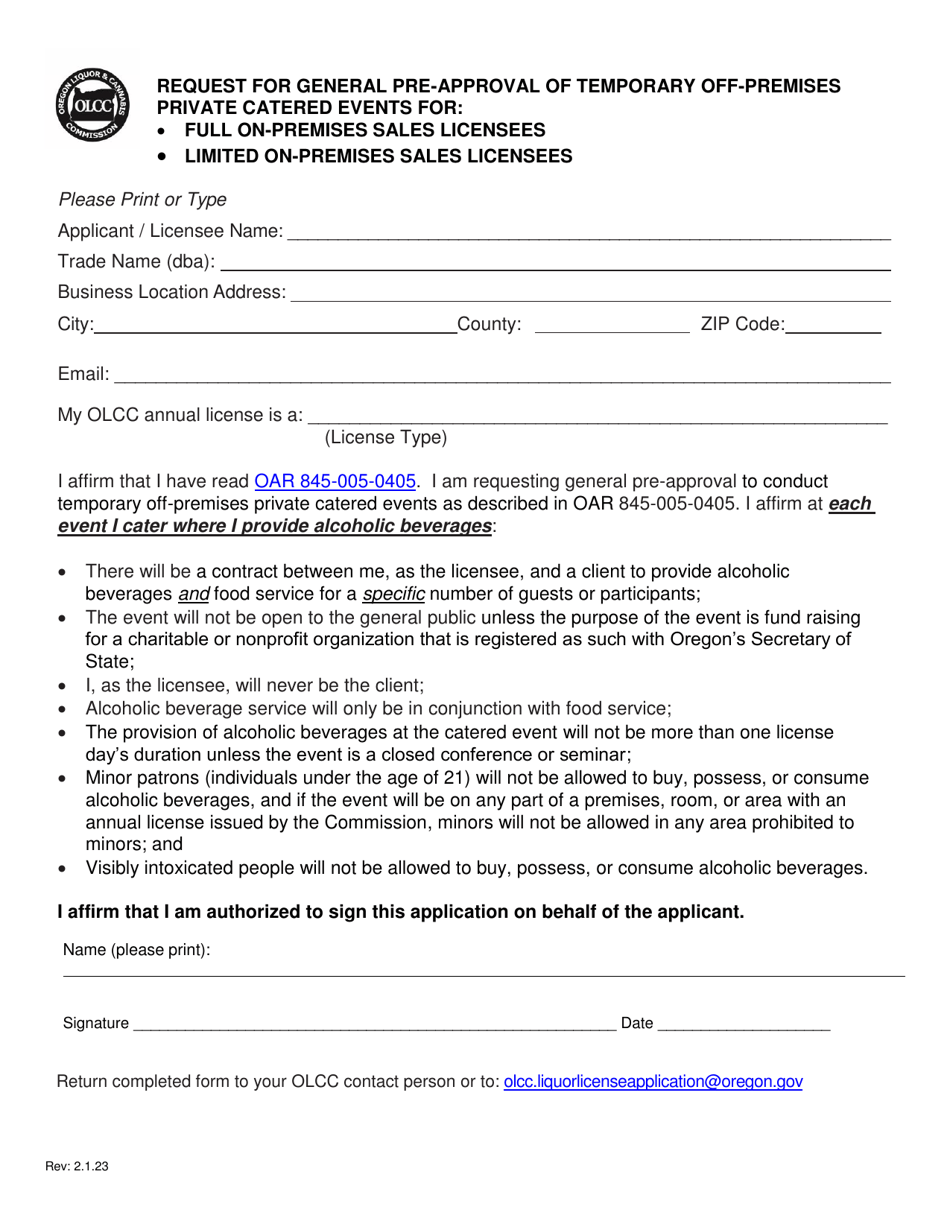 Request for General Pre-approval of Temporary off-Premises Private Catered Events for Full on-Premises Sales Licensees or Limited on-Premises Sales Licensees - Oregon, Page 1
