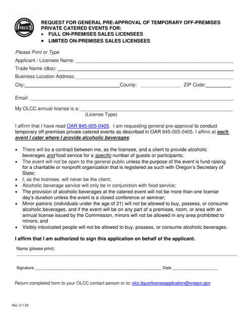 Request for General Pre-approval of Temporary off-Premises Private Catered Events for Full on-Premises Sales Licensees or Limited on-Premises Sales Licensees - Oregon Download Pdf