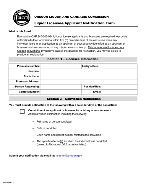 Liquor Licensee / Applicant Notification Form - Oregon Download Pdf