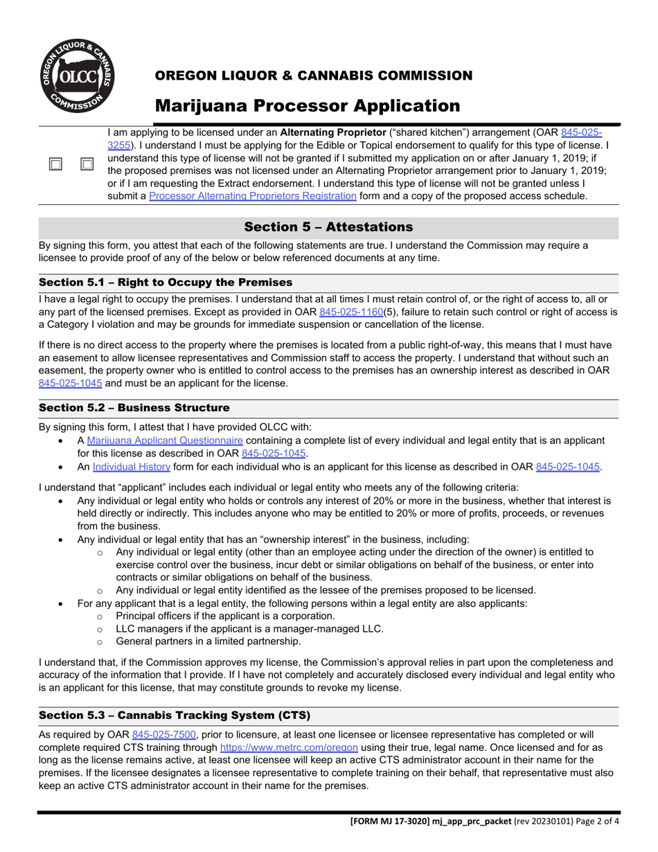 Form MJ17-3020 Marijuana Processor Application - Oregon, Page 3