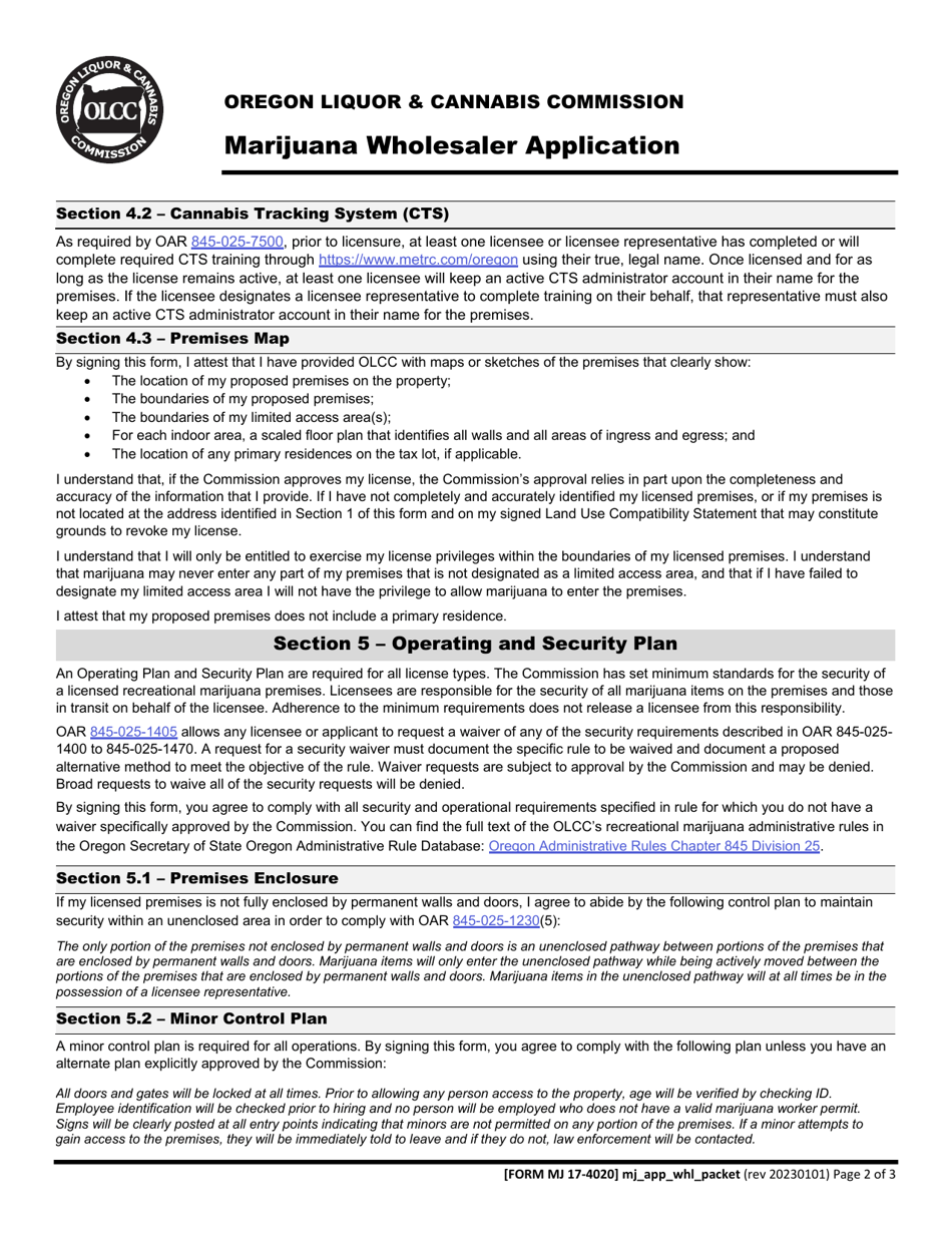 Form MJ17-4020 Marijuana Wholesaler Application - Oregon, Page 3