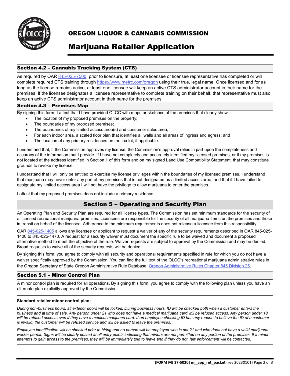 Form MJ17-5020 Marijuana Retailer Application - Oregon, Page 3