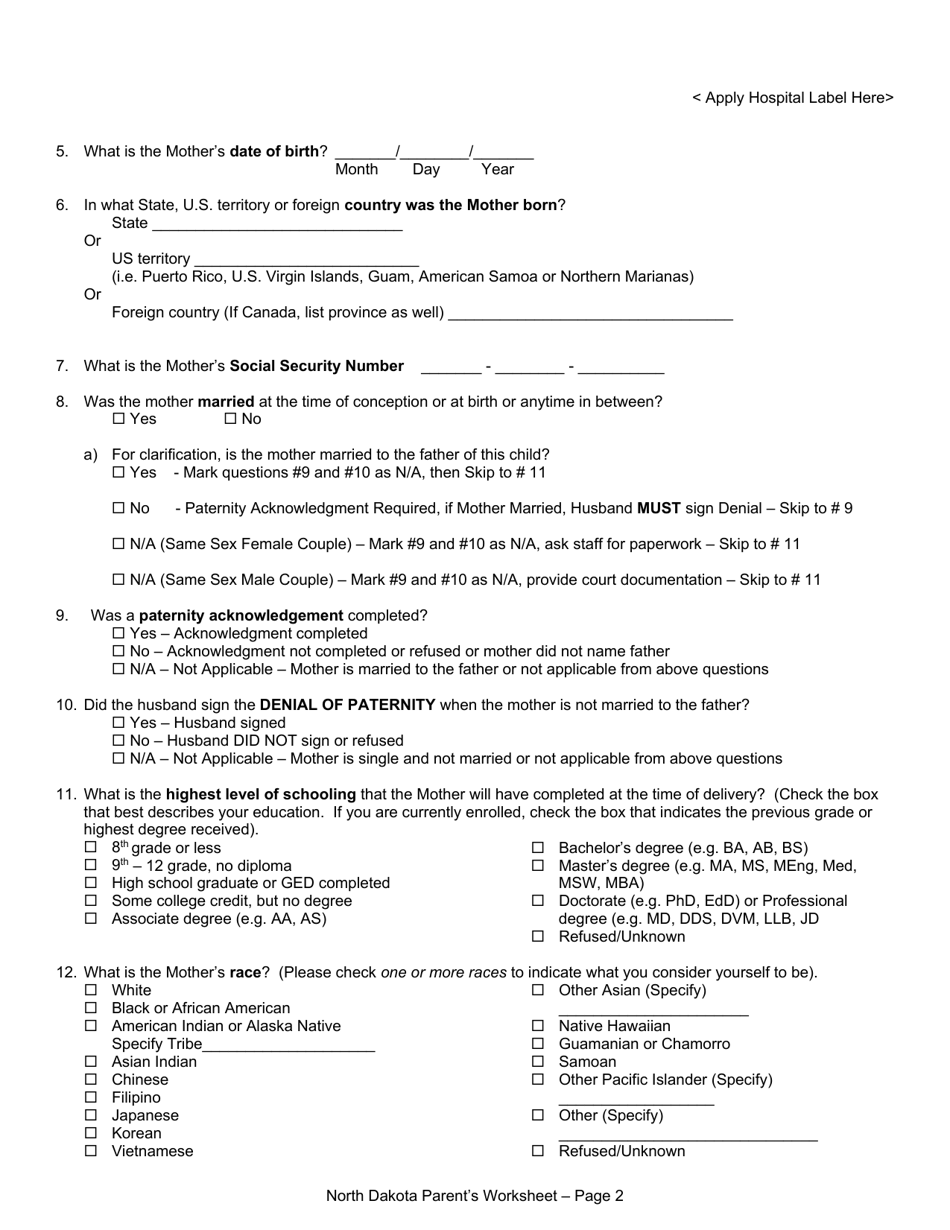 Parents Worksheet for Completing the North Dakota Birth Certificate - North Dakota, Page 2