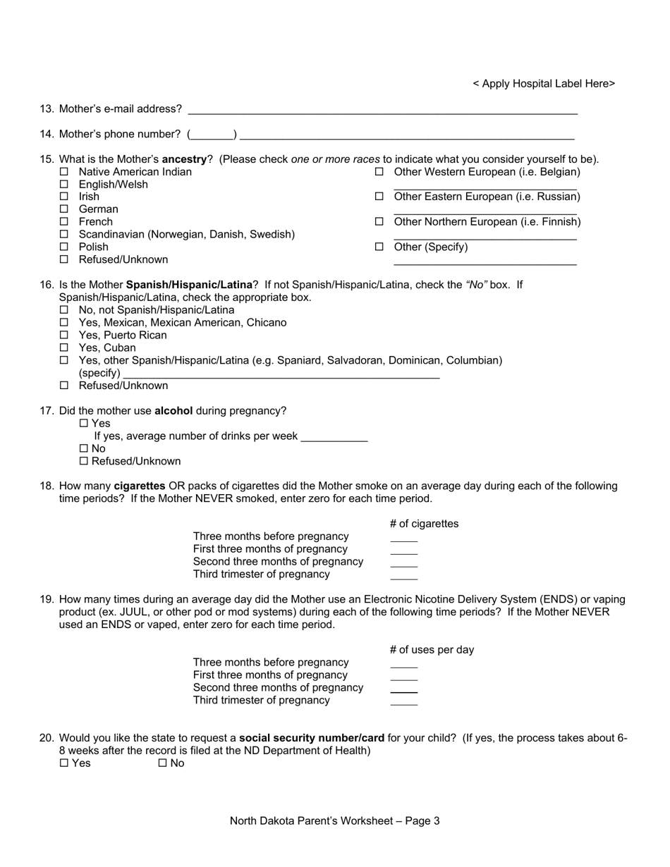 Parents Worksheet for Completing the North Dakota Birth Certificate - North Dakota, Page 3