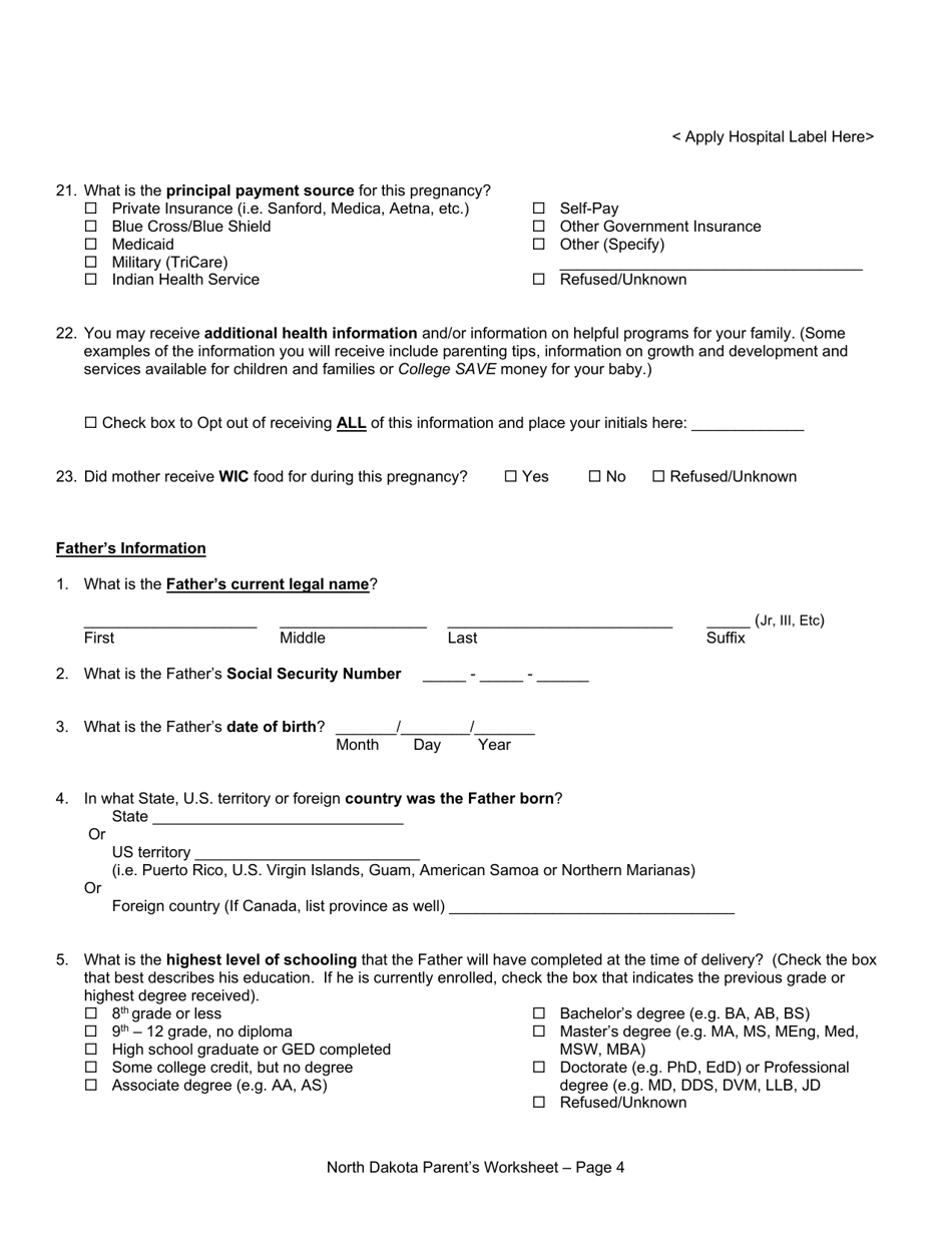 Parents Worksheet for Completing the North Dakota Birth Certificate - North Dakota, Page 4