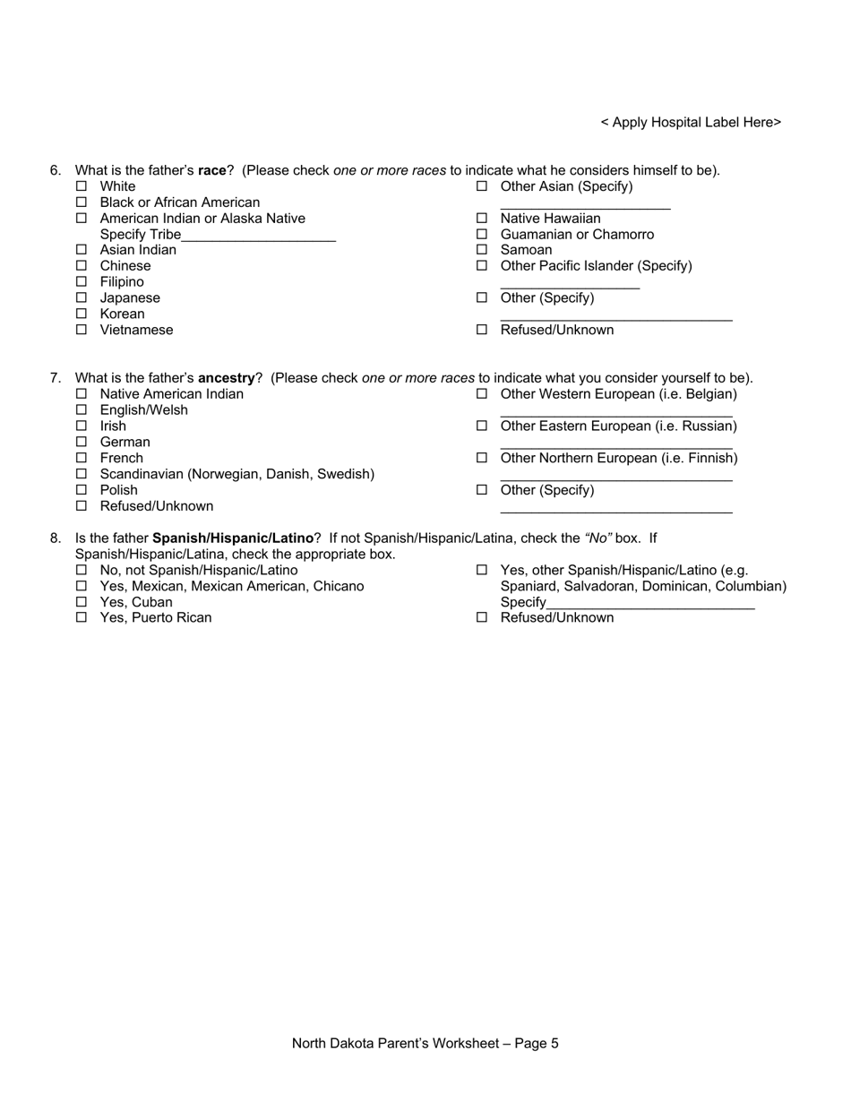 Parents Worksheet for Completing the North Dakota Birth Certificate - North Dakota, Page 5