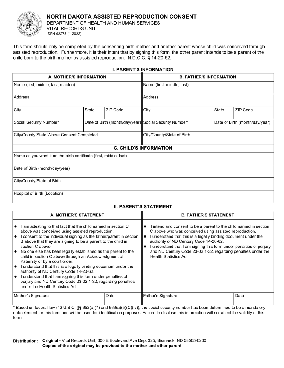 Form SFN62275 North Dakota Assisted Reproduction Consent - North Dakota, Page 1