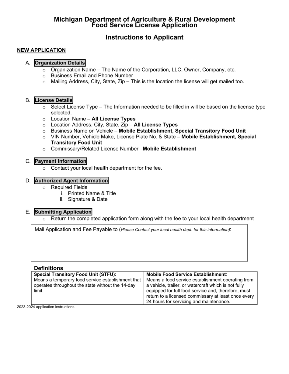 Food Service License New Application - Michigan, Page 1